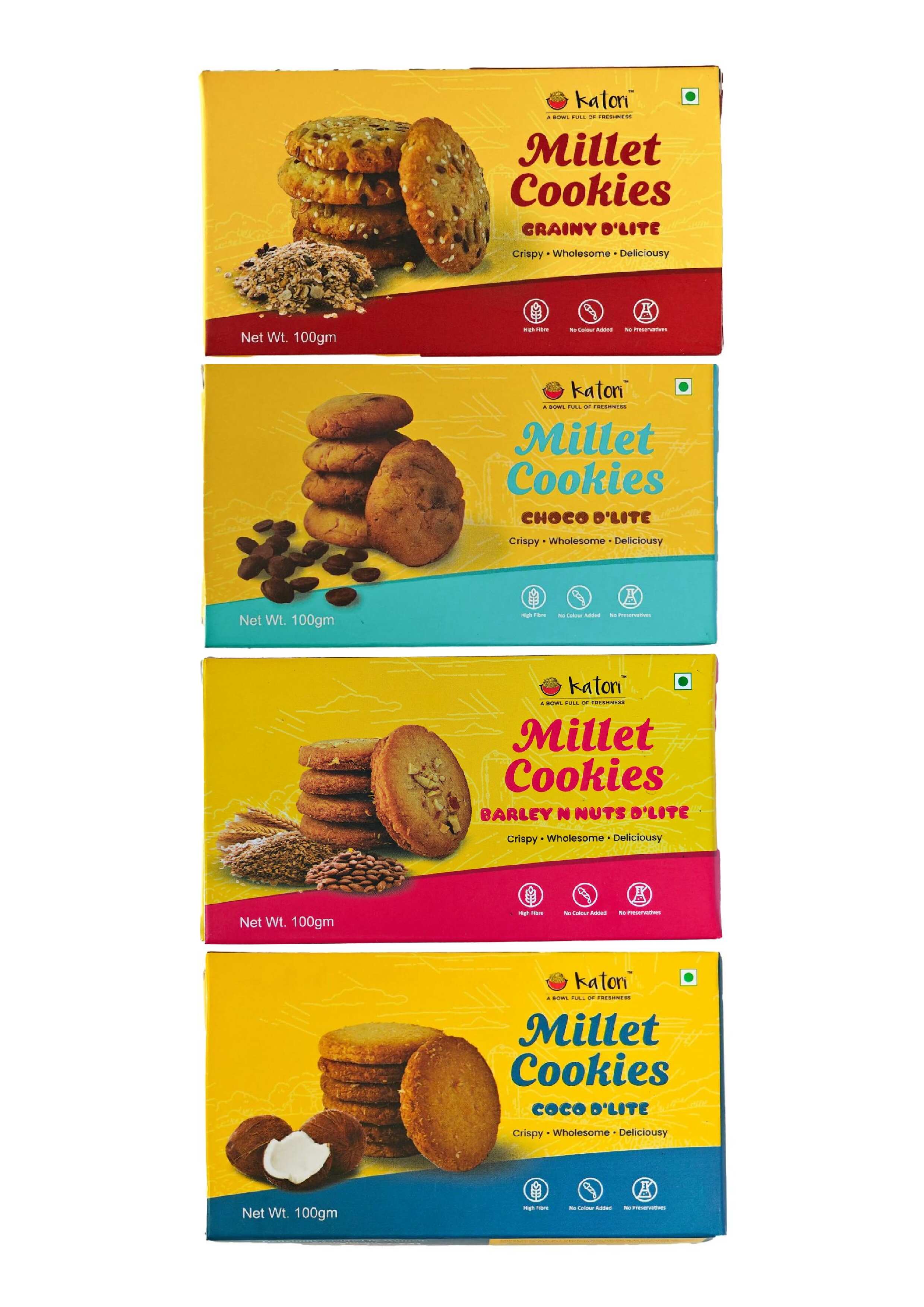 Combo Pack of Katori Choco D'lite Cookies (100 Gm), Barley N Nuts Cookies (100 Gm), Coco D'lite Cookies (100 Gm) & Grainy D'lite Cookies (100Gm)